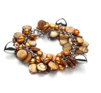 6-7mm Zoetwater Armband in Honing - Parel met Hartbedels Champagne