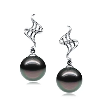 9-10mm Tahitiaans Oorbellen set in Trekken Zwart