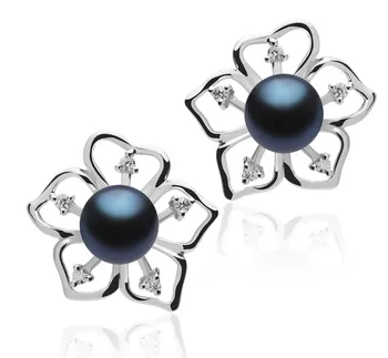 7-8mm Zoetwater Oorbellen set in Zonnebloem Zwart
