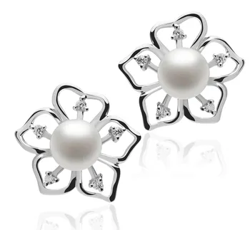 7-8mm Zoetwater Oorbellen set in Zonnebloem Wit
